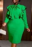 Green Bow Tie Neck Long Sleeve Ruffle Accents Formal Office Cocktail Bodycon Midi Dresses