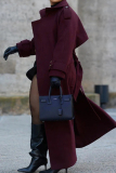 Claret Wide Lapel Collar Long Sleeve Belted Waist Long Wool Trench Coat Winter Double Breasted Outerwear