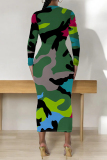 Orange Flowers Snakeskin Gradient Print O Neck Long Sleeve Casual Street Fall Outings Bodycon Pencil Midi Dress