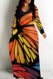 Yellow Orange Casual Graphics Print V Neck Long Sleeve Floor Length Vacation Baggy Fall Maxi Dress