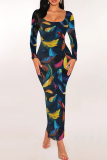 Navy Blue Leaf Print U Neck Long Sleeve Slim Fit Party Club Wear Bodycon Maxi Dresses