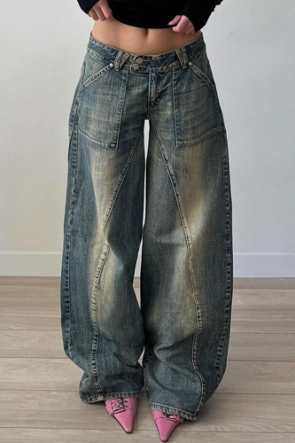 Blue Casual Pocket Patchwork Low Waist Straight Distressed Wide Leg Denim Jeans