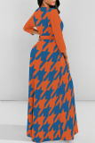 Orange Geometric Print Deep V Neck 3/4 Sleeve Strap Design Belted Floor Length Plus Size Vacation Loose A Line Maxi Dress