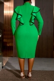 Green Bow Tie Neck Long Sleeve Ruffle Accents Formal Office Cocktail Bodycon Midi Dresses