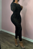 Black Casual Outing Graphcis Print Patchwork Backless O Neck Long Sleeve Skinny Jumpsuits One Piece Bodysuit