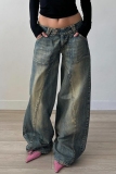 Blue Casual Pocket Patchwork Low Waist Straight Distressed Wide Leg Denim Jeans