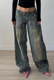 Blue Casual Pocket Patchwork Low Waist Straight Distressed Wide Leg Denim Jeans