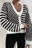 Black Casual Outing Plaid Print Weave V Neck Long Sleeve Button-Down Knitted Sweater Coats for Ladies