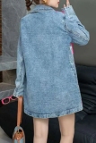 Blue Turndown Collar Long Sleeve Colorful Sequin Embellishments Denim Blazer Jacket