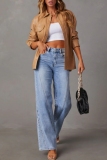 Blue Casual High Waist Distressed Straight Leg Denim Jeans