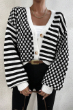 Black Casual Outing Plaid Print Weave V Neck Long Sleeve Button-Down Knitted Sweater Coats for Ladies