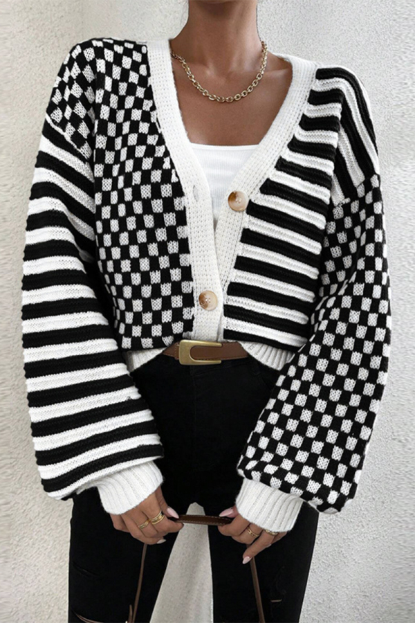 Black Casual Outing Plaid Print Weave V Neck Long Sleeve Button-Down Knitted Sweater Coats for Ladies