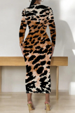 Orange Flowers Snakeskin Gradient Print O Neck Long Sleeve Casual Street Fall Outings Bodycon Pencil Midi Dress