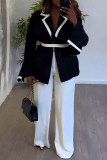 Black and White Trim Turndown Collar Long Sleeve Blazer Jackets and Wide Leg Pants Formal Office Wear Two Pieces Suit Sets