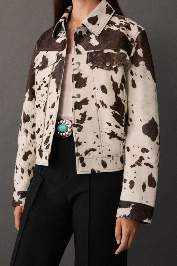 Multicolor Cow Print Turndown Collar Long Sleeve Button-Up Front Fall Winter Jacket