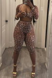 Coffee Leopard Print Long Sleeve Crop Corset Top with Cut-Outs and Skinny Shorts Two Pieces Casual Outing Two Pieces Shorts Sets