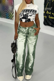 Green Casual Graphics Print Buttons Loose Mid Waist Straight Wide Leg Pants