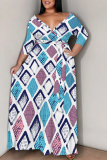 Red Blue Striped Plaid Print Deep V Neck 3/4 Sleeve Strap Design Belted Floor Length Plus Size Vacation Loose A Line Maxi Dress