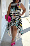 Orange Yellow Plaid Leopard Snowflakes Letters Print Sleeveless O Neck High-Low Hem Straight Loose Midi Dress