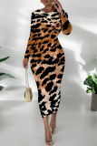 Orange Flowers Snakeskin Gradient Print O Neck Long Sleeve Casual Street Fall Outings Bodycon Pencil Midi Dress