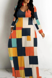 Yellow Orange Casual Graphics Print V Neck Long Sleeve Floor Length Vacation Baggy Fall Maxi Dress
