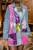 Blue Turndown Collar Long Sleeve Colorful Sequin Embellishments Denim Blazer Jacket