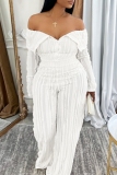 White Pleated Texture Off-Shoulder Long Sleeve Crop Tops and Wide-Leg Pants Formal Evening Two Pieces Trouser Sets