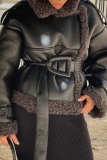 Black Casual Turndown Collar Long Sleeve Faux Shearling Trim Cozy Winter Wear PU Leather Jacket