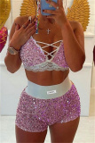 Pink Casual Skinny High Waist Night Club High-Waisted Sequin Shorts
