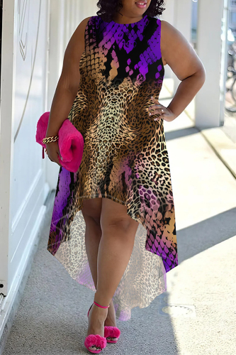 Orange Yellow Plaid Leopard Snowflakes Letters Print Sleeveless O Neck High-Low Hem Straight Loose Midi Dress