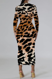 Orange Flowers Snakeskin Gradient Print O Neck Long Sleeve Casual Street Fall Outings Bodycon Pencil Midi Dress