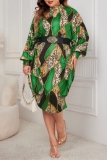 Green Graphics Print Half A Turtleneck with Cut-Out Batwing Sleeve Plus Size Casual Vacation Straight Loose Midi Dresses