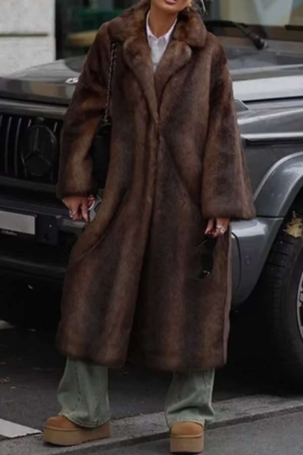 Dark Brown Casual Turndown Collar Long Sleeve Cardigan Long Faux Fur Coat Winter Plush Outerwear