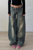 Blue Casual Pocket Patchwork Low Waist Straight Distressed Wide Leg Denim Jeans