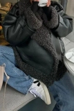 Black Casual Turndown Collar Long Sleeve Faux Shearling Trim Cozy Winter Wear PU Leather Jacket