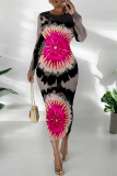 Green Floral Print O Neck Long Sleeve Casual Outings  Fall Bodycon Pencil Midi Dress