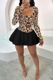 Leopard Sequin Sleeveless Square Neck Long Sleeve Ball Gown Evening Party Bubble Mini Dresses