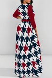 Orange Geometric Print Deep V Neck 3/4 Sleeve Strap Design Belted Floor Length Plus Size Vacation Loose A Line Maxi Dress