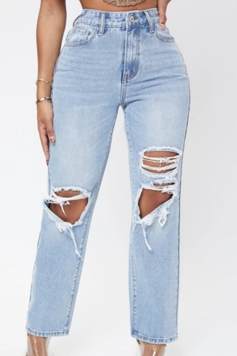 Light Blue Casual High Waist Slim Fit Ripped Denim Jeans
