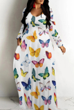Yellow Orange Casual Graphics Print V Neck Long Sleeve Floor Length Vacation Baggy Fall Maxi Dress