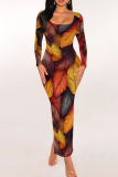 Navy Blue Leaf Print U Neck Long Sleeve Slim Fit Party Club Wear Bodycon Maxi Dresses