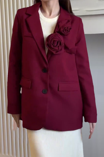 Blue Formal 3D Flower Decor Turn-back Collar Long Sleeve Button Down Office Wear Fall Winter Blazer Jackets Women Outerwear
