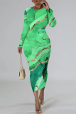 Orange Flowers Snakeskin Gradient Print O Neck Long Sleeve Casual Street Fall Outings Bodycon Pencil Midi Dress