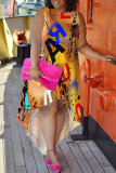 Orange Yellow Plaid Leopard Snowflakes Letters Print Sleeveless O Neck High-Low Hem Straight Loose Midi Dress