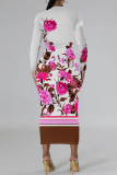 Green Floral Print O Neck Long Sleeve Casual Outings  Fall Bodycon Pencil Midi Dress