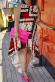 Orange Yellow Plaid Leopard Snowflakes Letters Print Sleeveless O Neck High-Low Hem Straight Loose Midi Dress