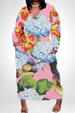 Blue Apricot Floral Print V Neck Long Sleeve Plus Size Casual Outing Straight Loose Maxi Dress with Pocket