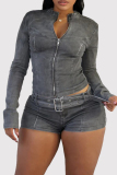 Dark Gray Casual Outing Zipper Collar Long Sleeve Crop Jackets And Shorts Two Pieces Shorts Sets