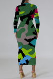 Orange Flowers Snakeskin Gradient Print O Neck Long Sleeve Casual Street Fall Outings Bodycon Pencil Midi Dress
