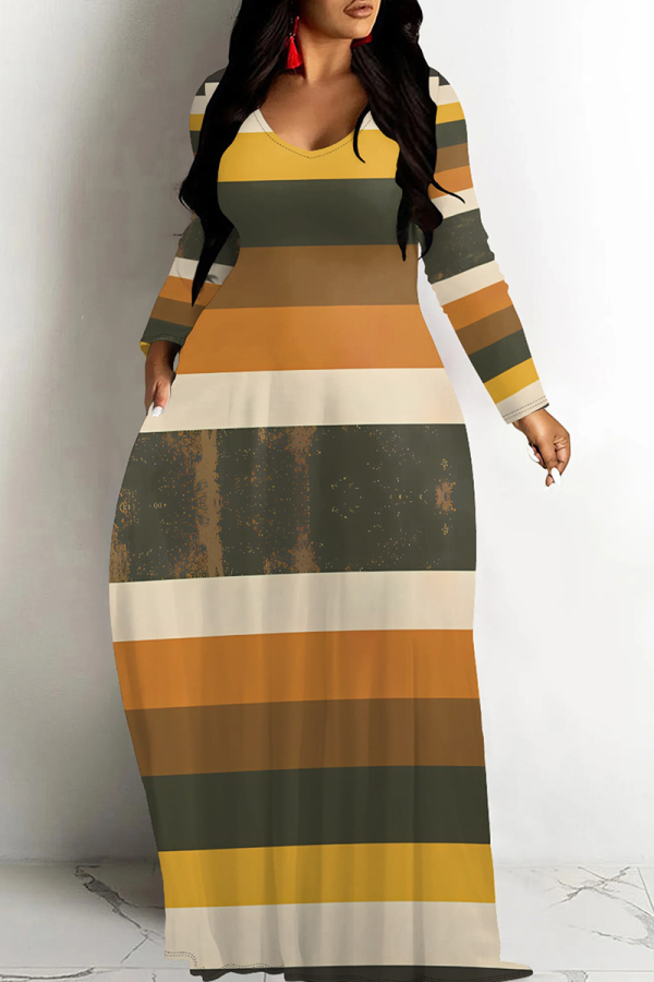 Yellow Orange Casual Graphics Print V Neck Long Sleeve Floor Length Vacation Baggy Fall Maxi Dress